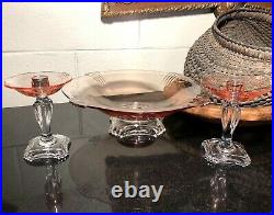 Vintage Fostoria #2470 Rose Pink & Crystal CONSOLE SET Candlesticks and Bowl