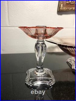Vintage Fostoria #2470 Rose Pink & Crystal CONSOLE SET Candlesticks and Bowl