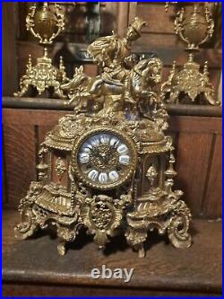 Vintage Franz Hermle Brass Imperial Mantle Clock with candlesticks
