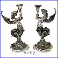 Vintage French Beaux Arts Silver Mythological Winged Mermaid Candlestick Holders