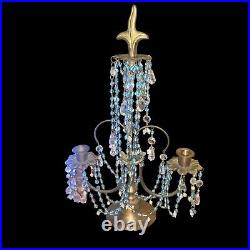 Vintage French Brass Crystal & Blue Glass Droplet 2 Candle Candelabra Maximalist