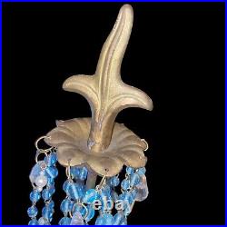 Vintage French Brass Crystal & Blue Glass Droplet 2 Candle Candelabra Maximalist