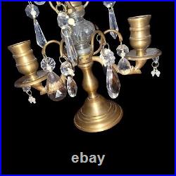 Vintage French Brass Crystal & Glass Droplet 2 Candle Candelabra Maximalist