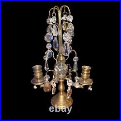 Vintage French Brass Crystal & Glass Droplet 2 Candle Candelabra Maximalist