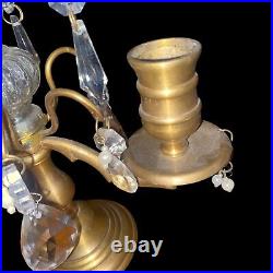 Vintage French Brass Crystal & Glass Droplet 2 Candle Candelabra Maximalist