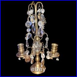 Vintage French Brass Crystal & Glass Droplet 2 Candle Candelabra Maximalist