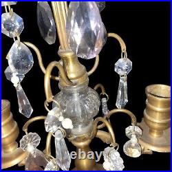 Vintage French Brass Crystal & Glass Droplet 2 Candle Candelabra Maximalist