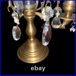 Vintage French Brass Crystal & Glass Droplet 2 Candle Candelabra Maximalist