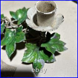 Vintage French TOLE Metal Ivy Leaf Candlestick PAIR 8x4.5 Hand Painted