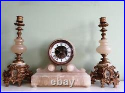 Vintage French clock and candlesticks. Alabaster and gilded bronze