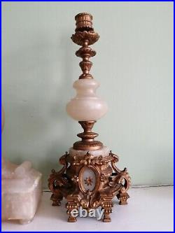 Vintage French clock and candlesticks. Alabaster and gilded bronze