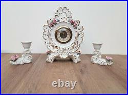 Vintage German Dresden Porcelain Clock with two Matching Candlesticks