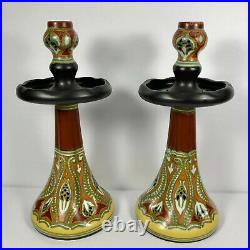 Vintage Gouda Holland Pottery Beautiful Pair Candlesticks