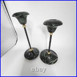 Vintage Green Quarried Marble and Brass Candle Sticks Holders 1990s
