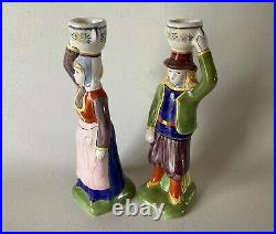 Vintage HB Henriot QUIMPER Figural Candlestick Pair Peasants 7 5/8 France