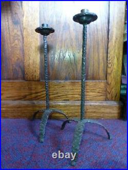 Vintage Hand Forged large metal iron Candlesticks Sculpture PAIR Arts & Crafts