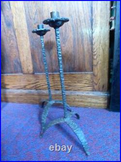 Vintage Hand Forged large metal iron Candlesticks Sculpture PAIR Arts & Crafts
