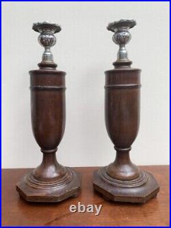 Vintage Hand Made Turned Wood Large Candlesticks with Metal Tops