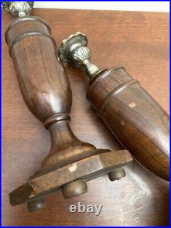 Vintage Hand Made Turned Wood Large Candlesticks with Metal Tops