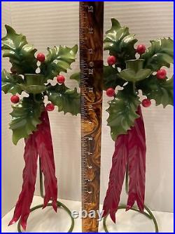 Vintage Hand painted Metal Tole Ware Holly Candle Sticks (pair) Made Italy 15