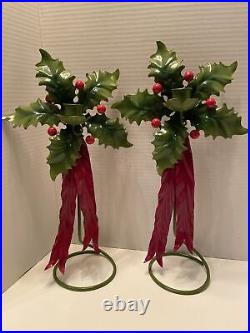 Vintage Hand painted Metal Tole Ware Holly Candle Sticks (pair) Made Italy 15