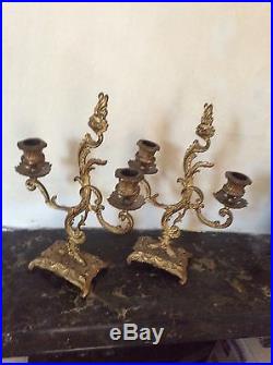Vintage Heavy Pair Of Brass Double Arm Candlestick Holder