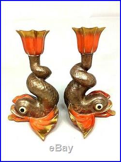 Vintage Herend Hungary Chinese Koi Fish Candlesticks Hand Painted Porcelain