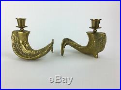 Vintage Hollywood Regency Brass Rams Horn Candle Holder Candlestick Pair