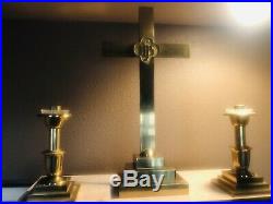 Vintage IHS Cross Sudbury Brass Church Altar Statue Candlestick Candlesticks Art