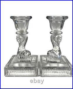 Vintage Imperial Empire Clear Glass Dolphin Koi Fish 5 Candlesticks 1930's