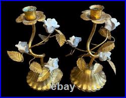 Vintage Italian Gold Gilt Candle Holder Pair Candlesticks Roses Porclain Set