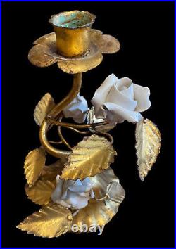 Vintage Italian Gold Gilt Candle Holder Pair Candlesticks Roses Porclain Set