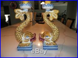 Vintage Italian Italy Pottery Hand Painted Dolphin Fish Candlesticks Blue Yellow