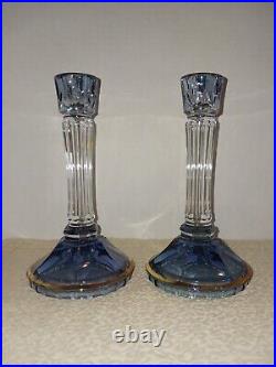 Vintage Italian SC Lead Crystal Blue 8 1/2 Candlesticks withGold Trim Pair of 2