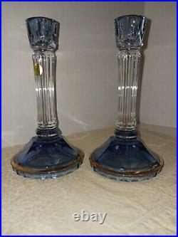 Vintage Italian SC Lead Crystal Blue 8 1/2 Candlesticks withGold Trim Pair of 2