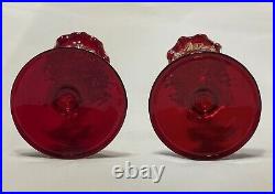 Vintage Italy Red Murano Art Glass Pair Dolphins Footed Candlesticks