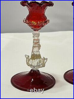 Vintage Italy Red Murano Art Glass Pair Dolphins Footed Candlesticks