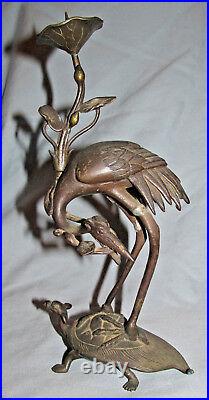 Vintage Japanese Bronze Candlestick Crane On Dragon Turtle With Lotus Flowers