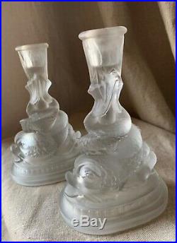 Vintage KOI FISH Dolphin Pair Frosted Glass Candlesticks Candle Holder Lalique