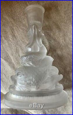 Vintage KOI FISH Dolphin Pair Frosted Glass Candlesticks Candle Holder Lalique