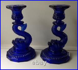 Vintage Koi Fish Dolphin Candlesticks Cobalt Blue Set/2