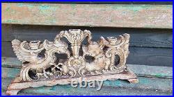 Vintage Large Carved Wood Triple Candlestick Mythical Beasts