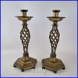 Vintage Large Pair Brass Candlesticks Open Twist Stems & Hexagonal Bases 34cm