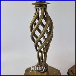 Vintage Large Pair Brass Candlesticks Open Twist Stems & Hexagonal Bases 34cm