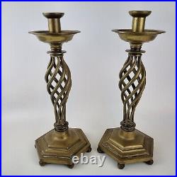 Vintage Large Pair Brass Candlesticks Open Twist Stems & Hexagonal Bases 34cm