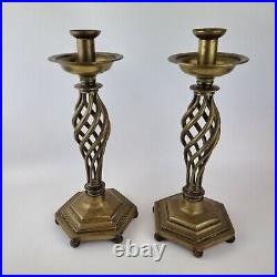 Vintage Large Pair Brass Candlesticks Open Twist Stems & Hexagonal Bases 34cm