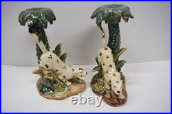 Vintage Leopard Palm Tree Majolica 10 1/4 Candle Holder Sticks Pair