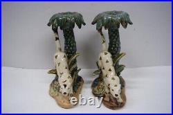 Vintage Leopard Palm Tree Majolica 10 1/4 Candle Holder Sticks Pair