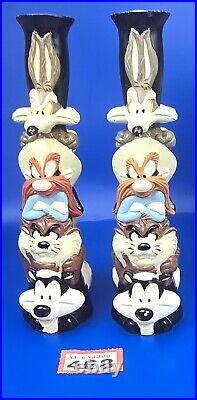 Vintage Looney Tunes Totem Candlestick Holders 1995 Warner Bros Stor Set of 2