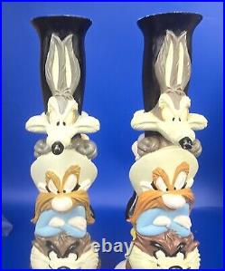 Vintage Looney Tunes Totem Candlestick Holders 1995 Warner Bros Stor Set of 2